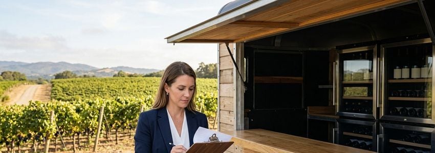 Business owner reviewing financing paperwork next to a converted mobile wine tasting trailer