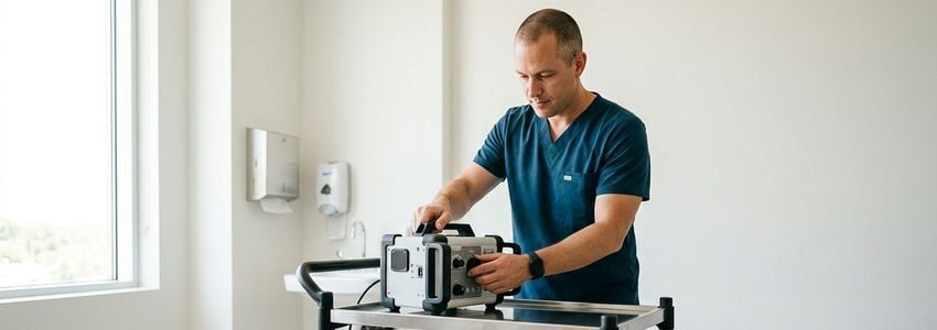 Healthcare technician operating portable mobile X-ray equipment in a clinical setting
