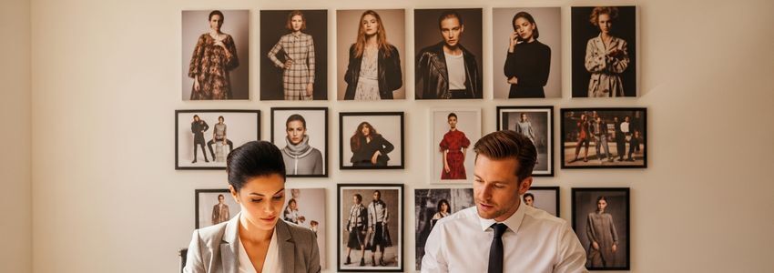 Professional modeling agency office with talent booker reviewing portfolio books at a conference table