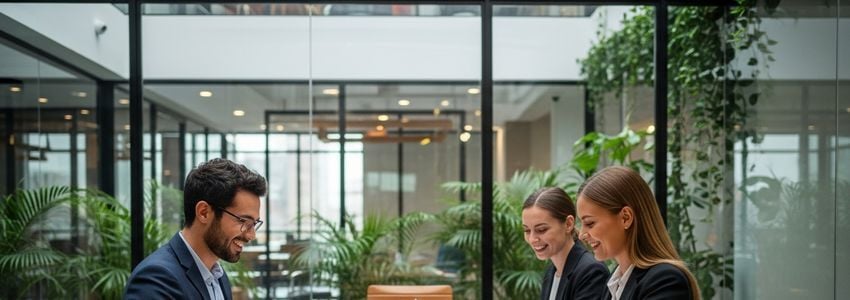 Business professionals reviewing business credit score reports in a modern office