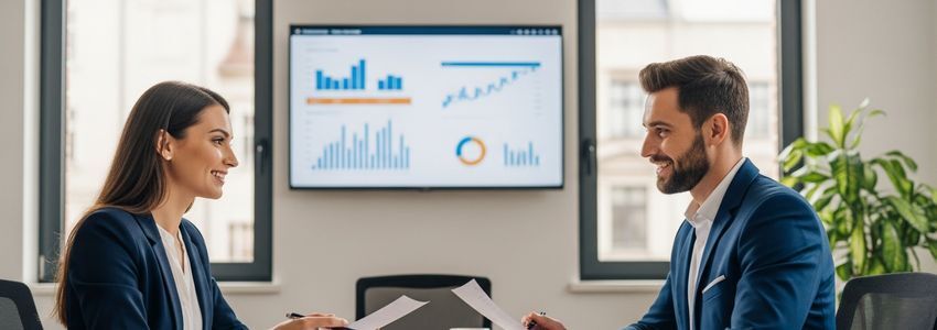 Mortgage broker reviewing loan documents and financing options at a professional office desk