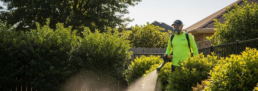 Mosquito control technician spraying for mosquitoes at a residential property