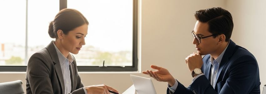 Motel owner and business advisor reviewing loan documents for motel financing