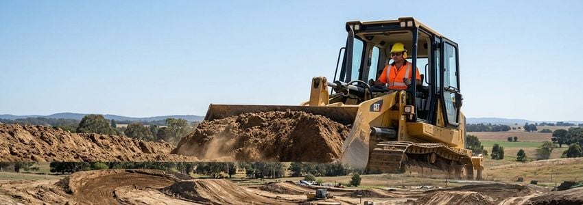 Heavy equipment operator grading dirt on a motocross track construction site