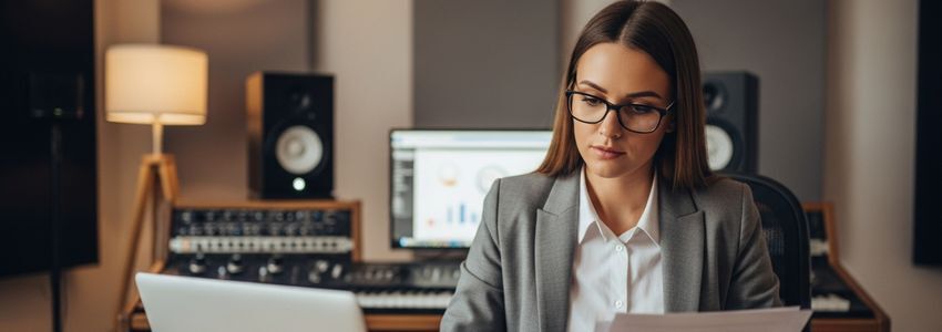A music production studio business owner reviewing financing options at a professional recording studio