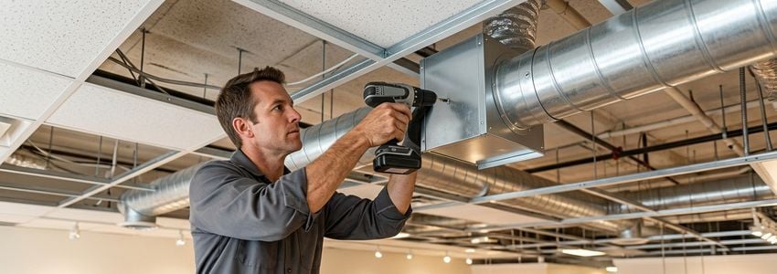 HVAC contractor installing ventilation ductwork and exhaust fan in a commercial nail salon