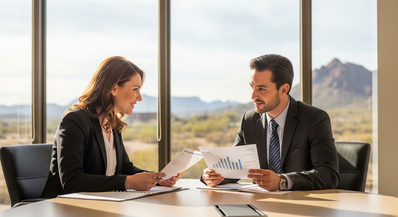 Small business owner and loan advisor reviewing financing documents in a New Mexico office