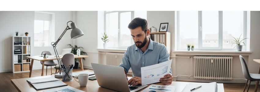 Small business owner reviewing business credit accounts and loan options