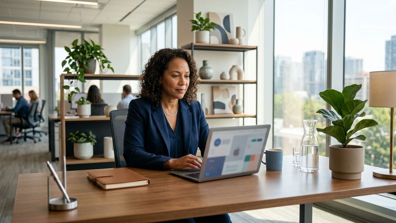 Nonprofit executive director managing finances and grant documents in a professional office