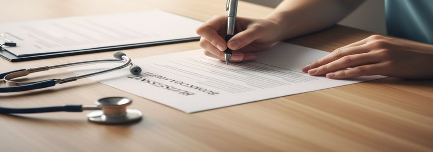 Nurse practitioner reviewing business loan documents at a modern clinic office desk