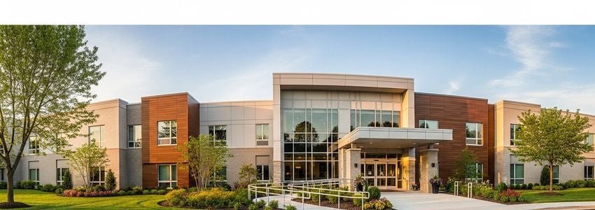 Modern nursing home facility exterior suitable for senior care business financing