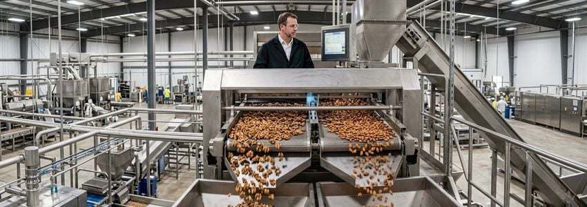 Industrial nut processing equipment with a worker inspecting shelled pecans on a sorting line