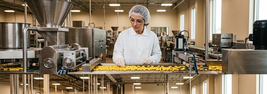 Nutraceutical manufacturing technician operating encapsulation equipment on a production floor