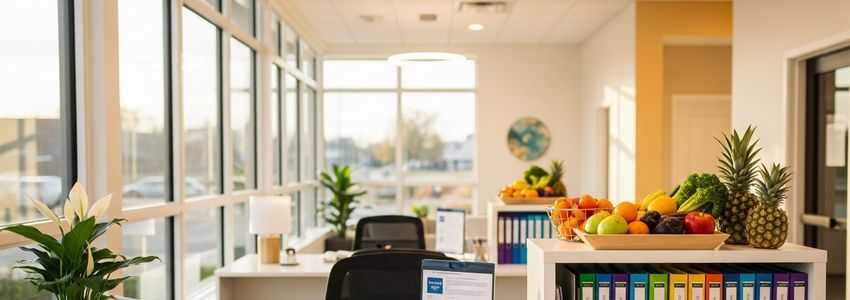 Nutritionist business owner reviewing financing documents in a professional nutrition clinic office