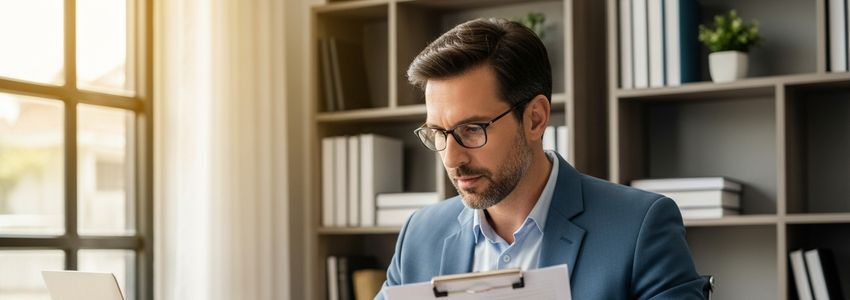 Small business owner reviewing OnDeck loan documents at an office desk with financial paperwork and a laptop