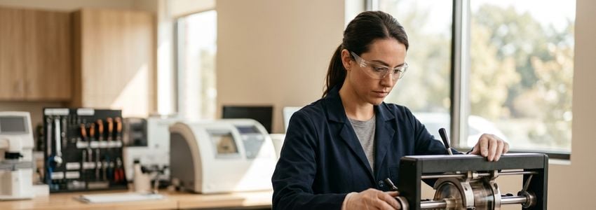 Optometrist reviewing diagnostic equipment options in a modern eye care practice