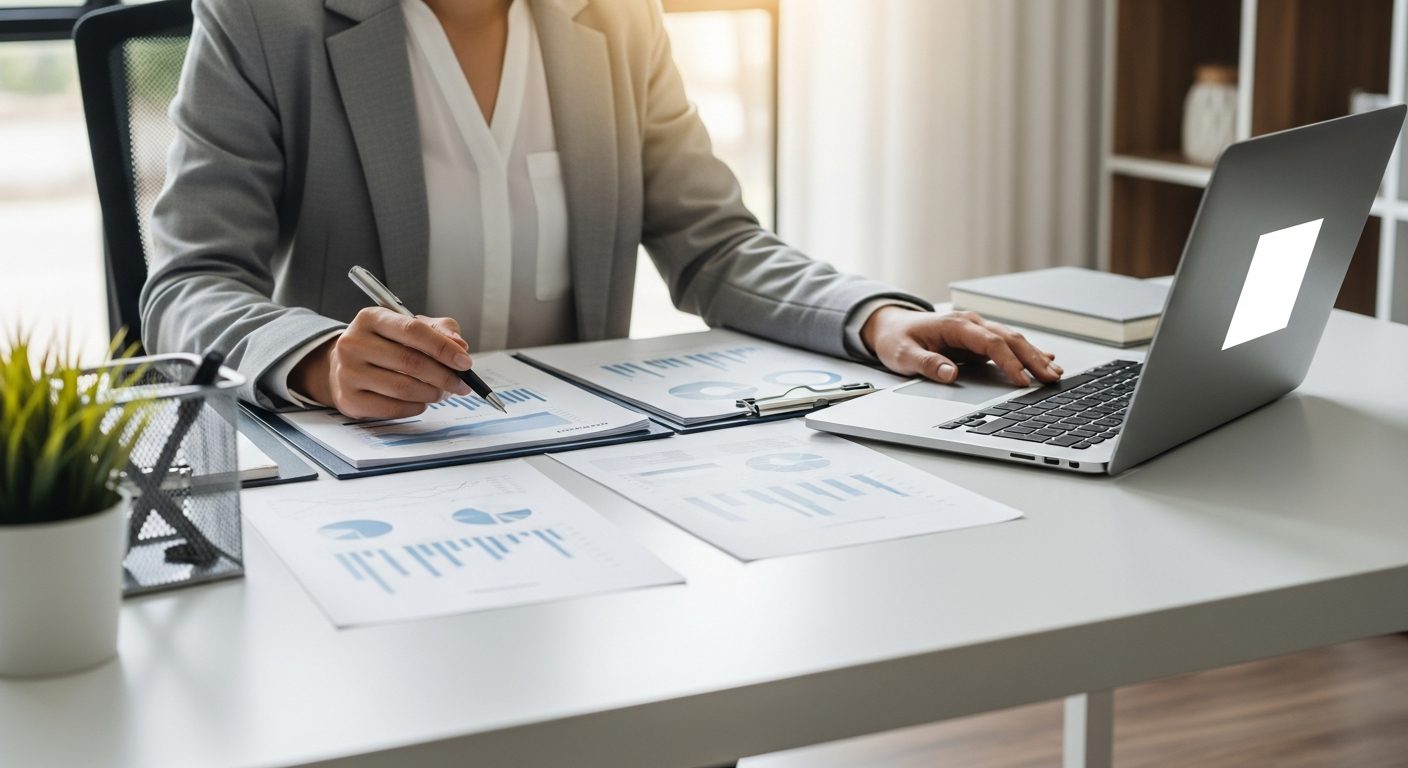 Optometrist reviewing financial documents and practice management software at a modern office desk