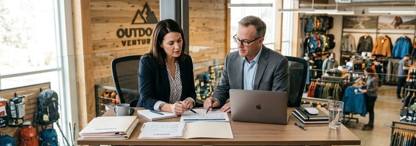 Business advisors reviewing outdoor equipment store financing documents in a sporting goods retail store