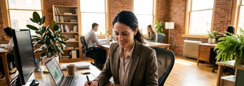 Small business owner reviewing payroll compliance documents at a desk