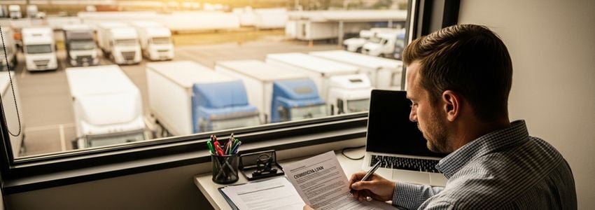 Owner operator truck driver reviewing commercial vehicle loan documents at an office with truck fleet visible in background