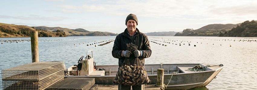 Oyster farmer holding a mesh grow bag of oysters on a dock beside stacked cages and a workboat