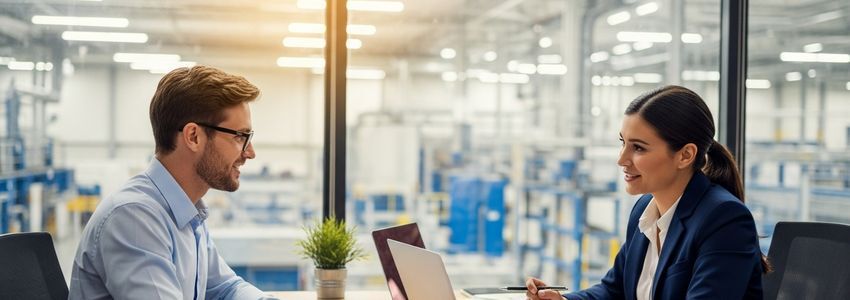 Business owner reviewing packaging company loan options with financing specialist