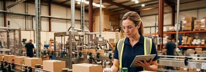 Quality control specialist inspecting product labels on a packaging line to verify compliance