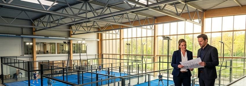 Business professionals reviewing padel court construction plans inside a newly built facility