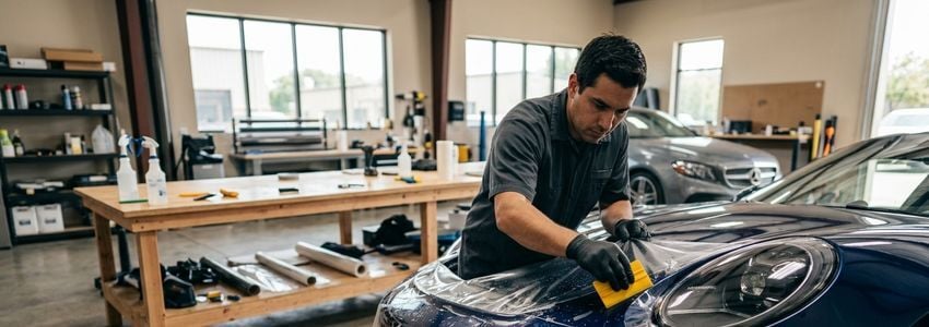 PPF technician applying paint protection film to a vehicle in a professional installation shop