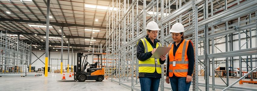 Two warehouse workers reviewing plans near newly installed pallet racking with a forklift nearby