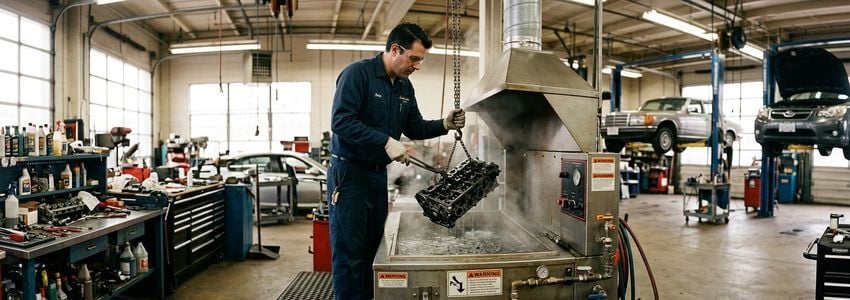 Shop technician operating an industrial parts washer and degreasing equipment in a manufacturing facility