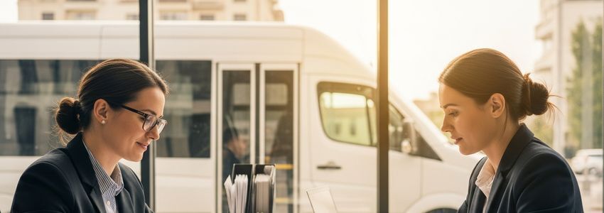 Business owner reviewing commercial passenger van financing options