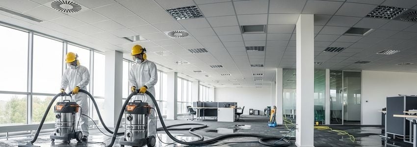 Restoration technicians performing water damage cleanup in a commercial building as part of a Paul Davis franchise operation