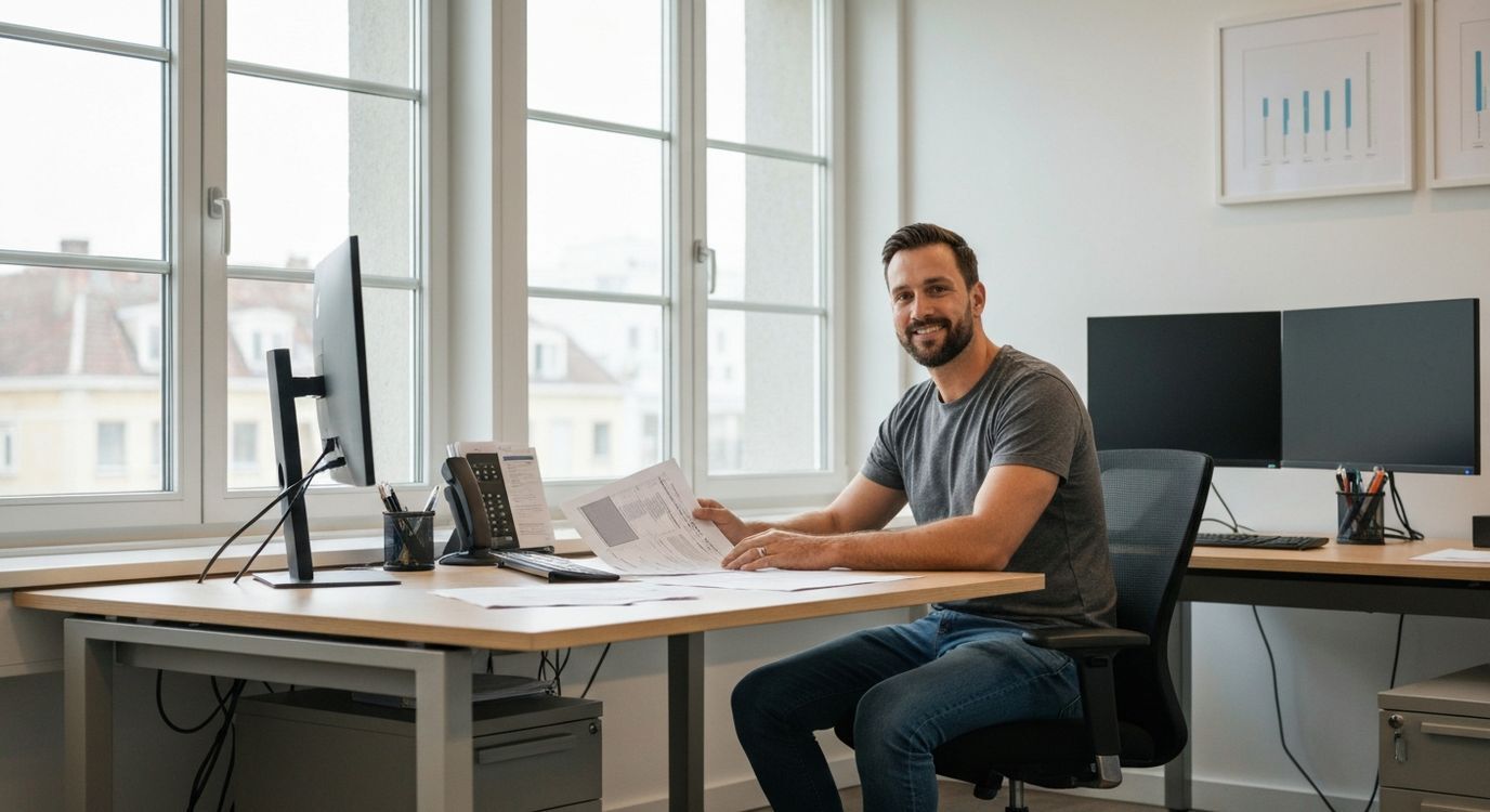 Dentist reviewing business loan documents at an office desk with dental clinic equipment visible in background