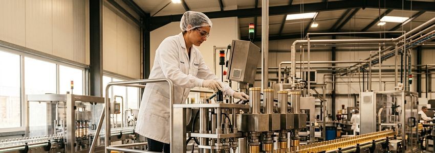 Fragrance production technician operating a stainless steel blending tank in a perfume manufacturing facility