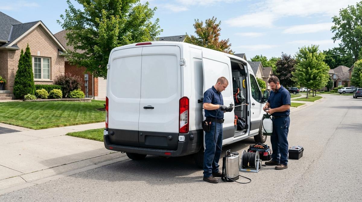 Pest control technicians unloading equipment from service van for residential pest control service