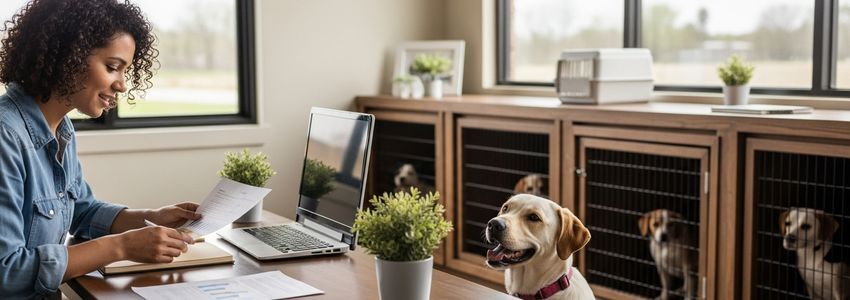 Pet boarding business owner reviewing loan documents with a dog in a kennel facility office