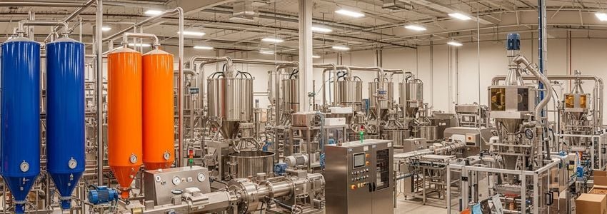 Pet food manufacturing production facility with modern equipment and processing lines