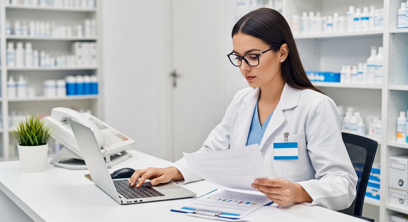Independent pharmacy owner reviewing financing options at the pharmacy counter with business documents and a laptop