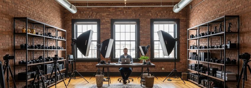Photography studio owner reviewing business loan documents at a desk with cameras and equipment visible in background