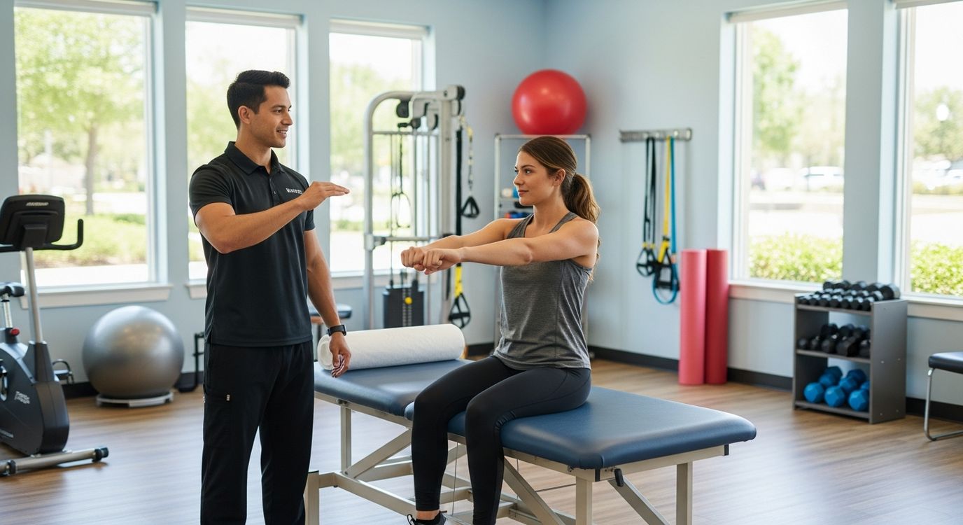 Physical therapist guiding a patient through rehabilitation exercises in a modern PT clinic