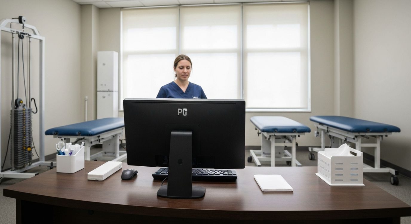 Dentist reviewing business loan documents at an office desk with dental clinic equipment visible in background