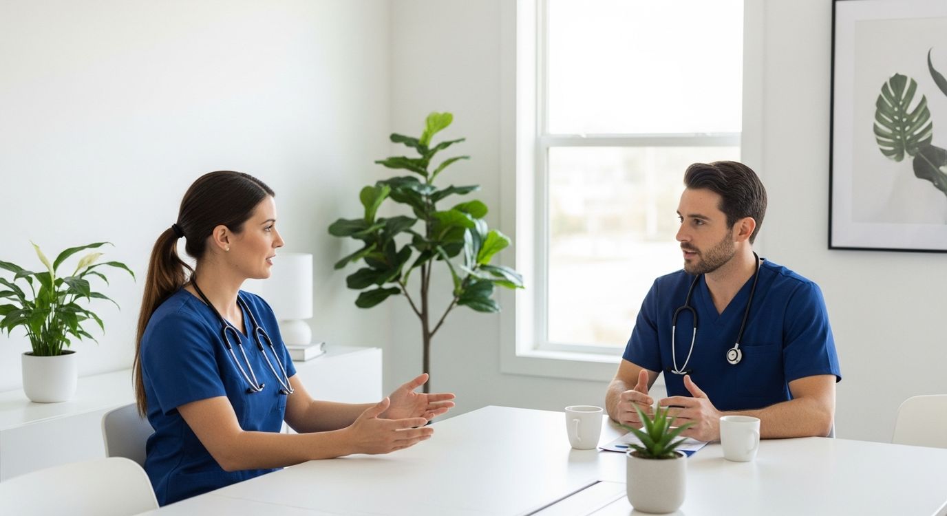 Physical therapist reviewing financing documents at a modern clinic desk, preparing a business loan application