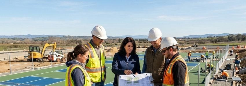Contractors and a facility owner reviewing pickleball court construction plans at an outdoor build site