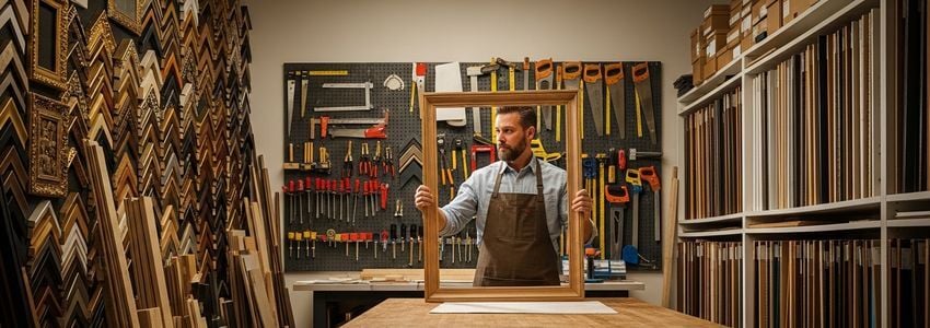 Picture framing business owner reviewing financing options in a professional framing shop