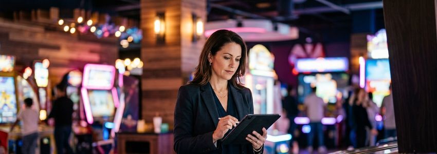 A business owner reviewing financing options on a tablet next to a pinball machine in a modern entertainment venue