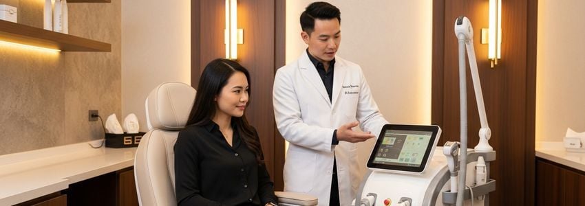 Plastic surgery practice owner consulting with a financing specialist in a modern aesthetic medicine clinic