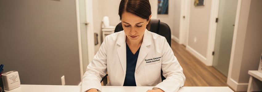 Podiatrist reviewing financing documents at a modern medical practice office