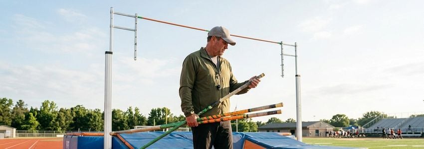Track and field coach reviewing pole vault equipment and financing paperwork at an outdoor track facility