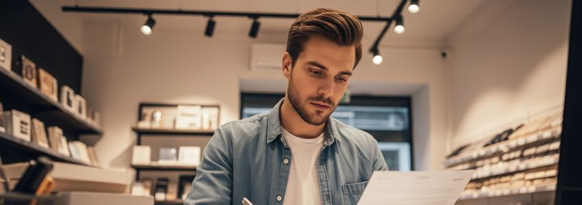 Small business owner reviewing retail conversion loan documents at a store desk